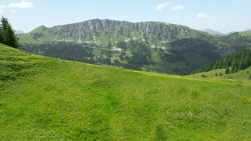 Aerial view of a vibrant green mountain landscape featuring rolling hills and dense forests under a clear blue sky.