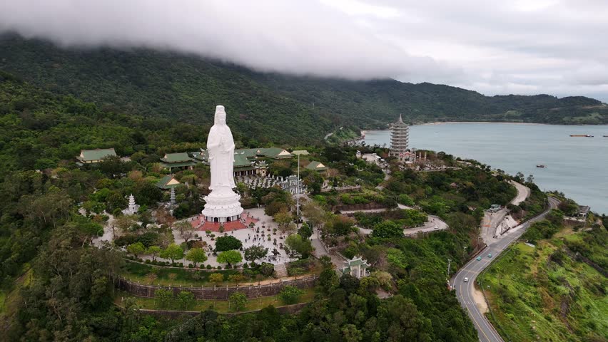 Lady buddha statue at linh ung pagoda in da nang, vietnam, Aerial view.