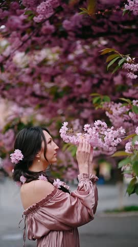 Young elegant woman in pink dress gently smelling blooming sakura blossom branch, romantic spring portrait with soft floral background and delicate feminine mood