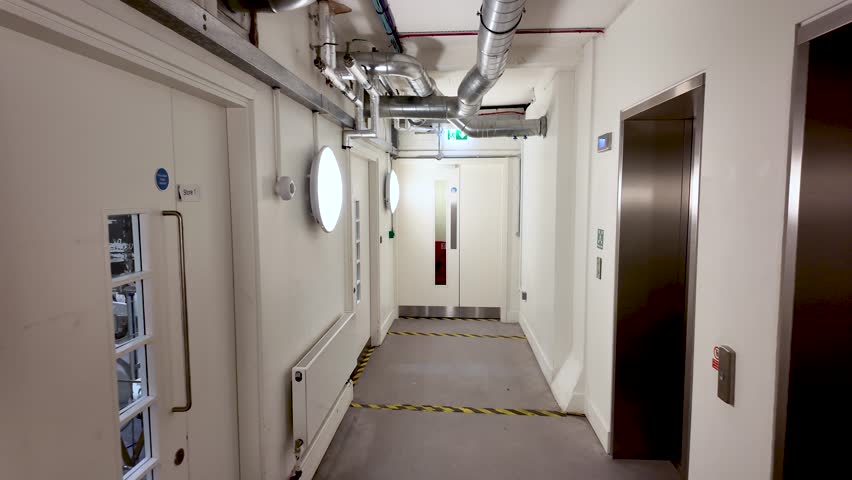 Modern office basement corridor featuring exposed utility pipes, round lights, and an elevator door