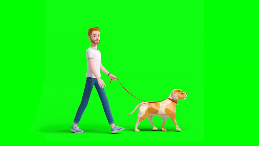 3D Animated Cartoon Man in White T-Shirt and Blue Jeans Walking His Dog Along Pathway With Casual Stroll in Green Background.