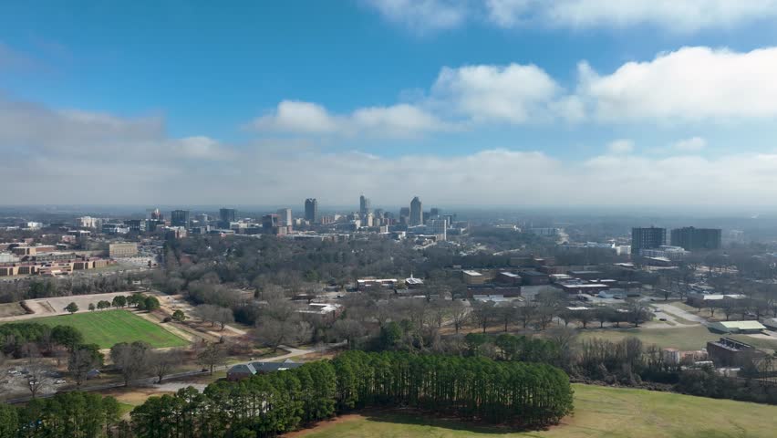 Downtown Raleigh skyline from Dorothea Dix Park with open fields and trees in foreground.