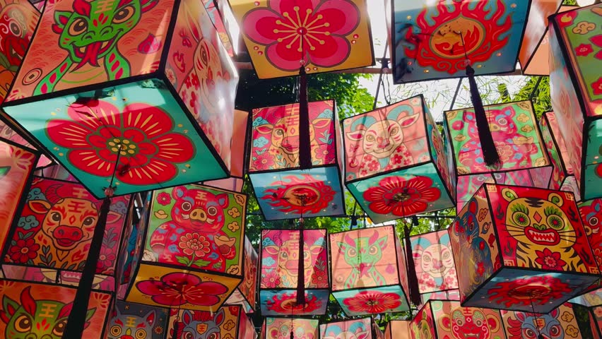 Chinese lanterns on the street, China town, Chinese new year decoration. TRANSLATION: Happy Chinese New Year