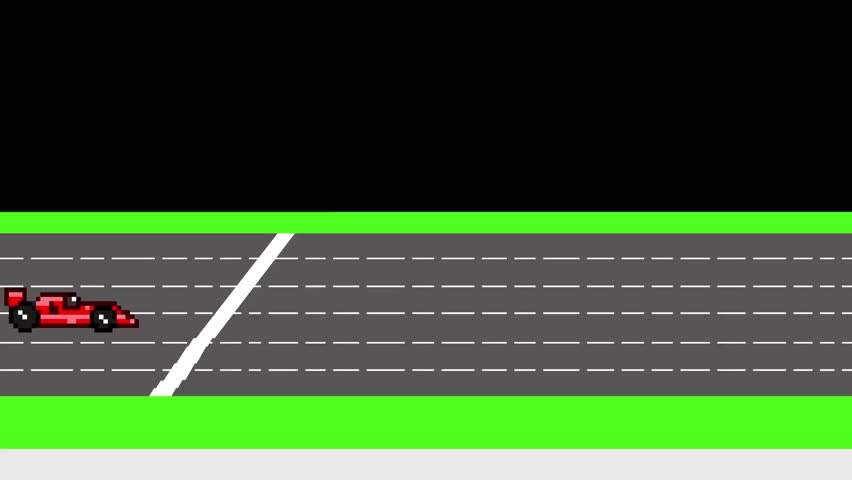 Pixel art animation from a game featuring a race car on a track with a black background, art, pixel.