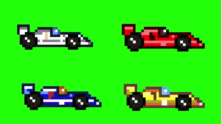 Pixel art animation with four race cars on a green background, art, vintage, pixel.