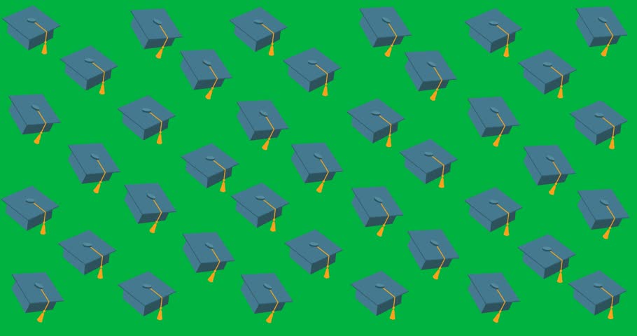 Digital animation of multiple graduation cap icons floating against black background. back to school and education concept