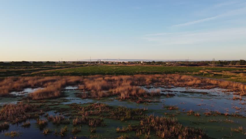 Aerial shots of Nature Preserve off the coast of Lake Michigan in Green Bay Wisconsin at sunrise. Turning drone push shot of golden hue marsh land.