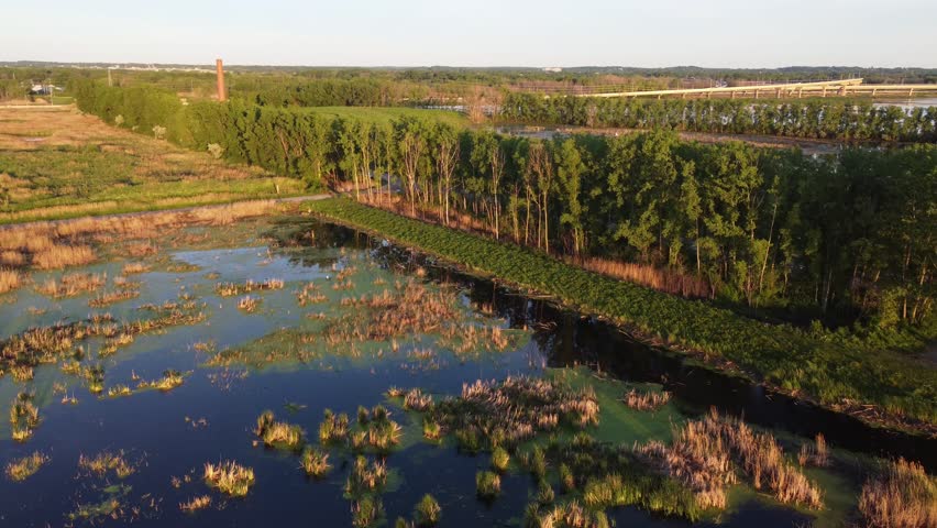 Aerial shots of Nature Preserve off the coast of Lake Michigan in Green Bay Wisconsin at sunrise. Approach shot over marsh towards tree line.