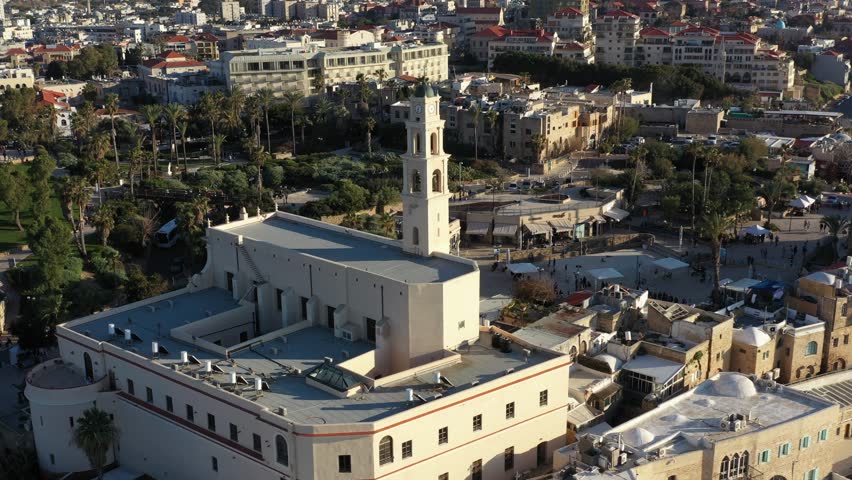 Aerial View of the Ancient Port City of Jaffa and the Mediterranean Coastline, Tel Aviv, Israel