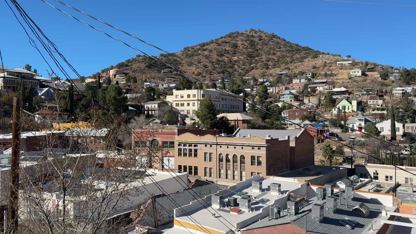 Panning shot of Bisbee, Arizona, an old mining town and tourist destination