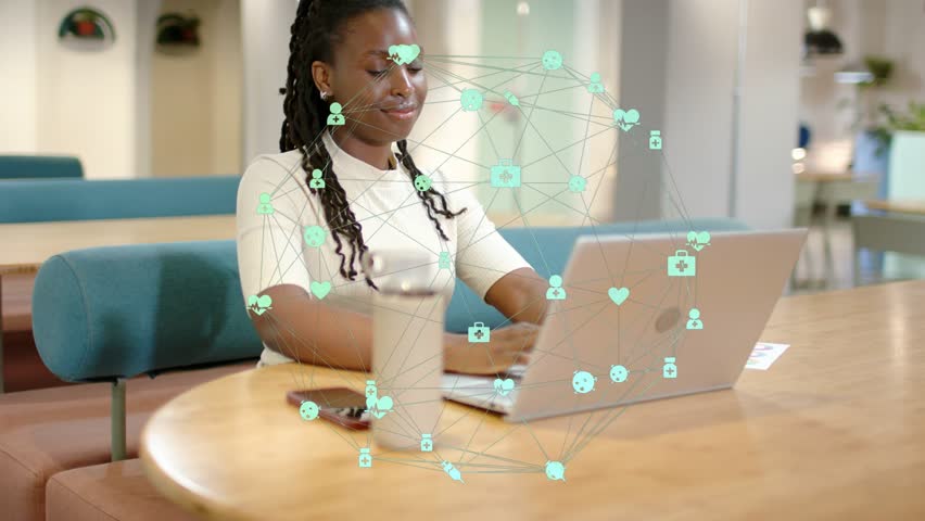 Female worker typing on laptop, creating teal network forming around her laptop, showing tech links. Coworking, office, focus, connectivity, technology, smartphone, productivity
