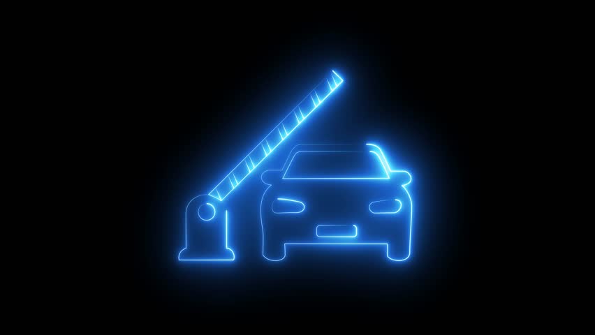 neon Set of vector car icons with automatic barrier gate. Includes front and rear views in solid and outline styles. Perfect for transportation, security, and parking-related designs