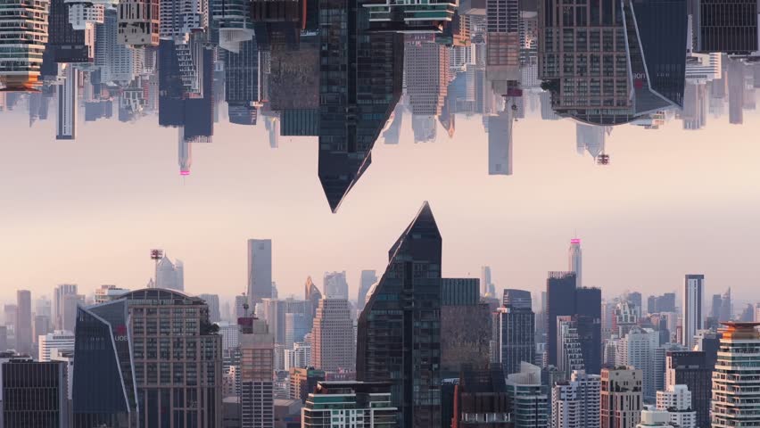 Surreal kaleidoscope cityscape flying over mirrored urban skyline with abstract buildings and futuristic architecture, creating illusion of parallel universe