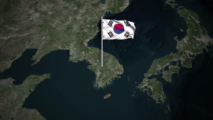 Animated South Korea map featuring a waving national flag and a glowing white border outline. High-quality motion graphics for news, travel documentaries, and geopolitical content.