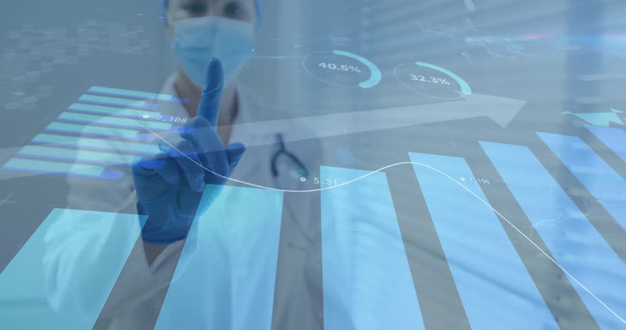 Female clinician holding finger near holo charts, tapping, updating bars and trend line for triage. Holographic, doctor, augmented, reality, analytics, visualization, labcoat