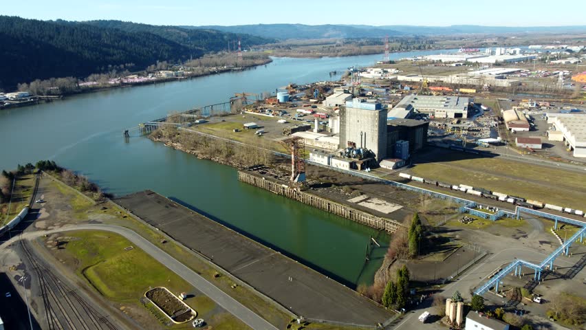 US, Oregon, Portland, 2026-02-11 - Drone view of the Port of Portland near St Johns, industrial area, dock, railroad, in Winter