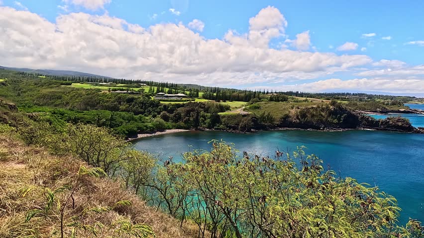 Cinematic 4K panning shot of Honolua Bay in West Maui, Hawaii, filmed from a high coastal vantage point. The camera moves from the sheltered bay out toward the open Pacific Ocean, revealing vibrant turquoise water, visible reef formations, snorkelers exploring below, and a white catamaran anchored offshore. In the distance, the island of Molokai rises across the channel, completing the iconic Hawaiian seascape.

Honolua Bay is one of Maui’s most famous snorkeling and marine conservation areas, known for its clear water, coral reef, and rich marine life. The elevated perspective highlights the natural shape of the bay and the striking contrast between deep blue ocean and shallow reef.

This footage captures the essence of tropical island adventure — crystal-clear water, reef ecosystem, sailing boat, and scenic coastline under bright natural daylight. Ideal for travel marketing, snorkeling promotions, tourism campaigns, ocean conservation content, luxury vacation visuals, and destination storytelling.

Shot in ultra-high definition 4K resolution with smooth cinematic motion and rich natural color, suitable for commercial or editorial productions.