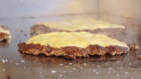 Close-up of beef burger patties cooking on a hot griddle, topped with melting cheese slices. Steam rises from the surface, highlighting texture and juicy detail. - Powered by Shutterstock - Get 15% off with code: PIKWIZARD15
