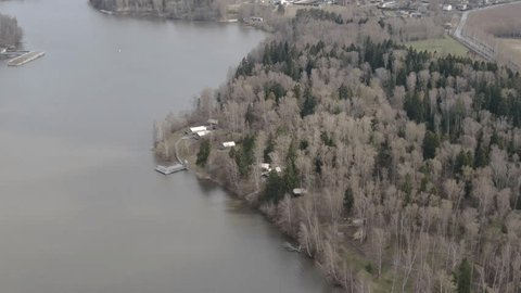 Drone Orbiting along Forest River Shoreline