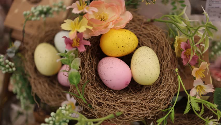 Colorful decorative Easter eggs arranged in a rustic nest with flowers and greenery create a bright spring themed display highlighting seasonal holiday decor in a warm festive setting