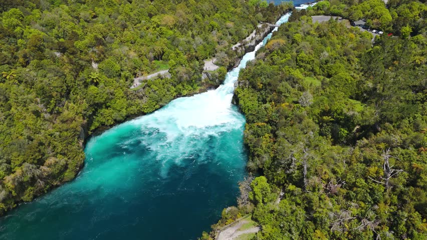 Huka Falls the most-visited natural attraction in New Zealand near Taupo, drone