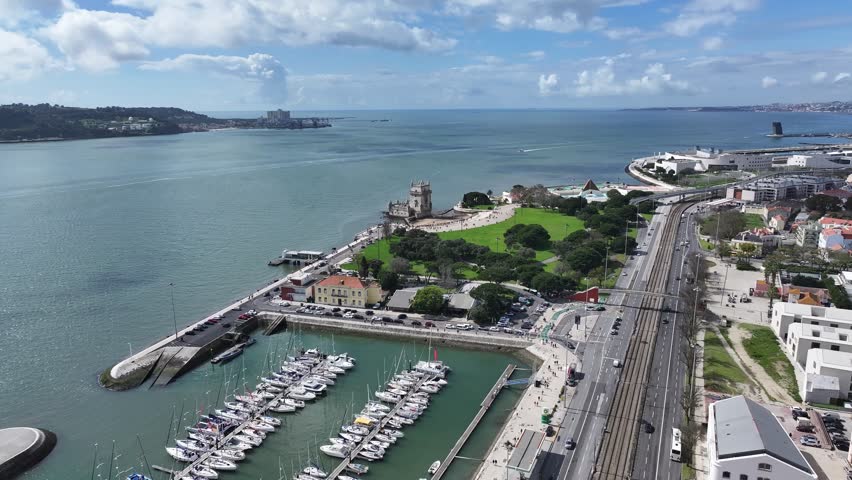 Belem Tower At Lisbon In Lisbon District Portugal. Coastal Castle. Fortress Landscape. Belem Tower At Lisbon In Portugal. Medieval Building. Touristic Landmark. Portugal Skyline.