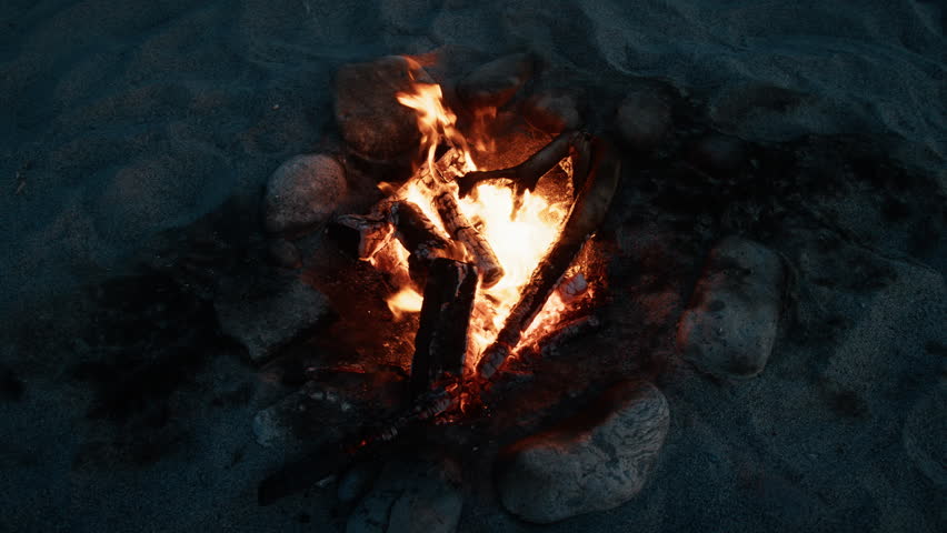 Bonfire Burning On The Beach At Blue Hour, Overhead