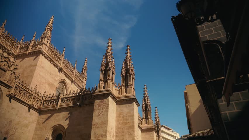 Low angle view of cathedral towers and stone facade