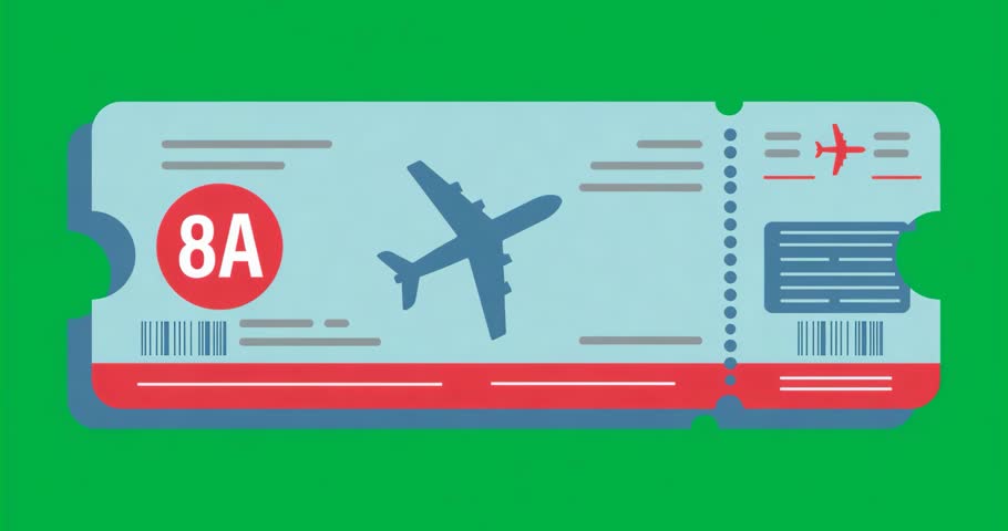 On start ticket rotating on transparent background to reveal seat 8A and returning to front. Aviation, travel, ticket, silhouette, graphic, minimalist, digital