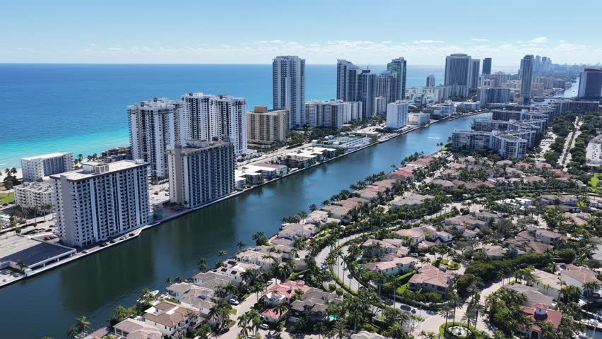 Hollywood Beach Skyline At Hollywood Beach In Florida United States. Scenic Highrise Buildings. Beautiful Skyline. Big City Landscape. Hollywood Beach Skyline In Florida United States. Urban Beach.