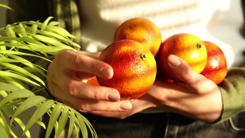 Woman with ripe Sicilian oranges indoors, closeup