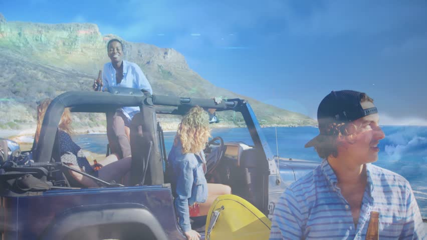 Friends socializing by open Jeep in coastal travel scene, man arriving and sparking network overlay. Beach, ocean, surfboard, group, outdoor, waves, vehicle