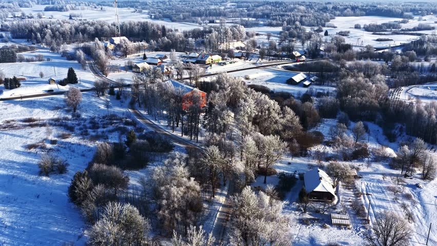 Remote houses in snow covered landscape. Aerial at day time