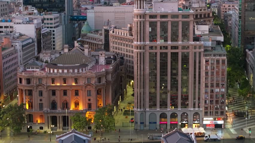 Aerial telephoto view of heritage buildings such as the Club Union and the Ariztia building on Nueva York Street in downtown Santiago, Chile.