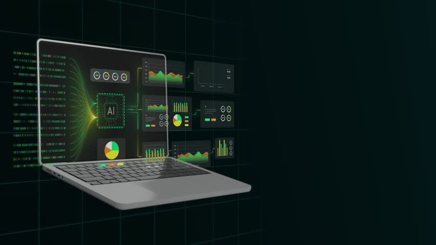 Perspective view of a laptop screen displaying a comprehensive artificial intelligence analytics and performance reporting dashboard.