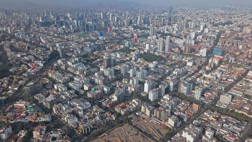 Aerial view of Lima with Huaca Pucllana pyramid in Miraflores district