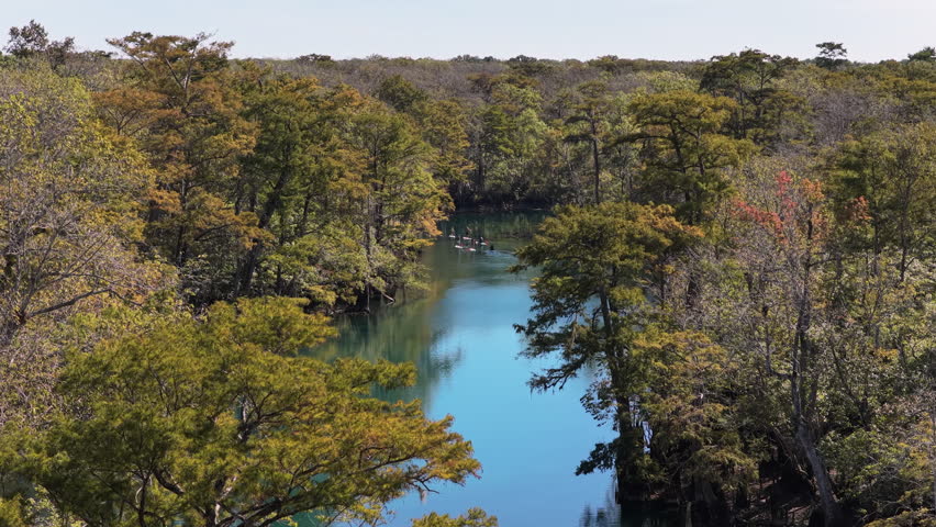 Winding spring river through forest at Morrison Springs Park Florida, aerial pullback with SUP paddle board group in distance