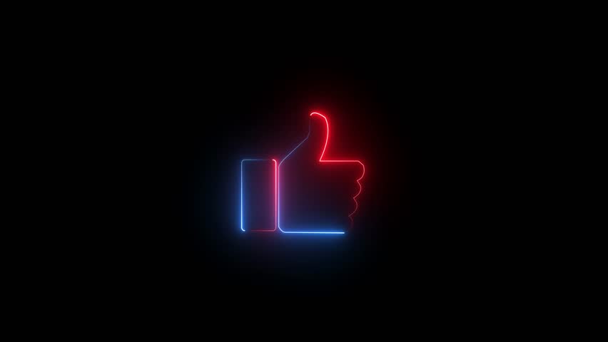 Neon blue and red thumb up icon glowing on black background like social media