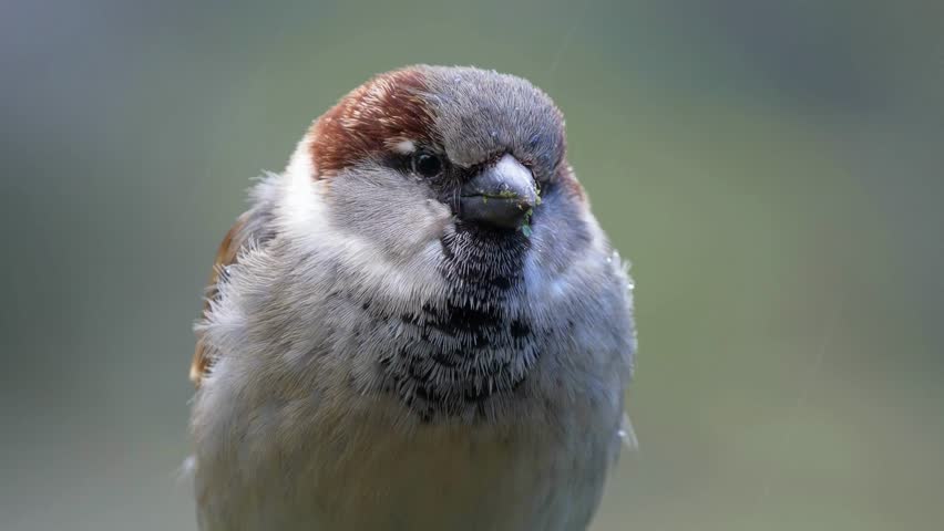 An extreme close-up of a fluffy male House Sparrow with wet feathers and a seed-covered beak