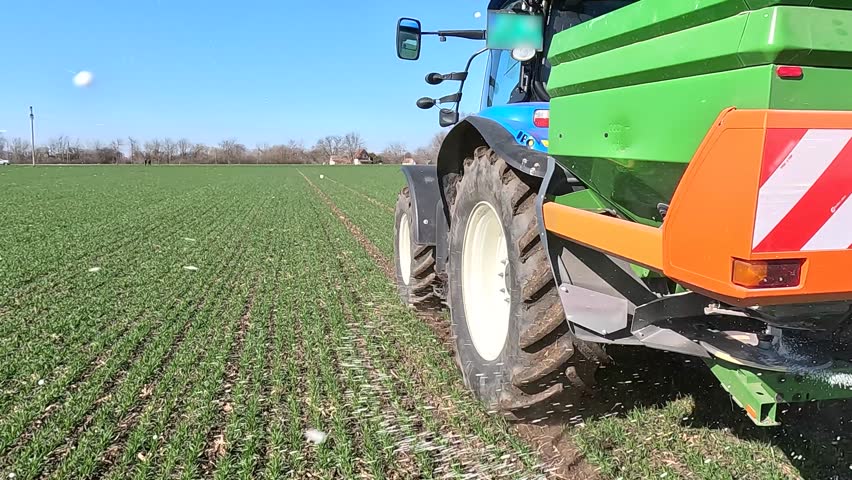 Tractor and spreader fertilizer working on wheat field, slow motion. Farmer with agricultural machinery fertilizing wheat field in winter time. Spreading mineral fertilizer, landscape rural scene