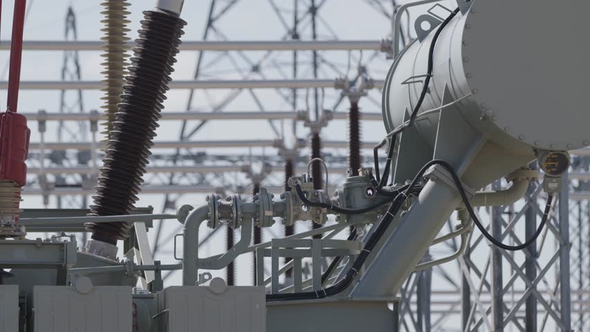 High voltage electrical substation with transformers, insulators and transmission structures. Energy distribution and power grid infrastructure concept.