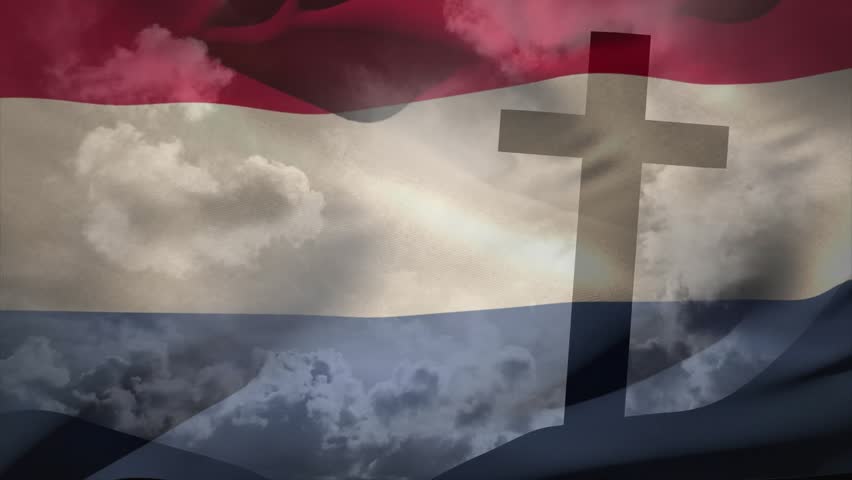 Wind gusts pushing red white blue flag, rippling fabric, revealing clouds, highlighting cross edges. Tricolor, ensign, silhouette, sky, hills, motion, translucence