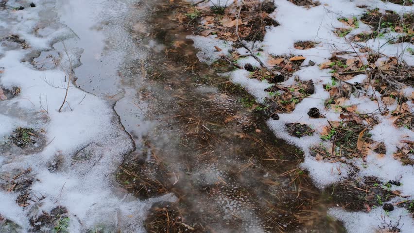 Abstract view of melting snow with dark, winding channels of meltwater carving through thick white snow layers, footprints, and textured icy edges. Serene winter thaw scene.