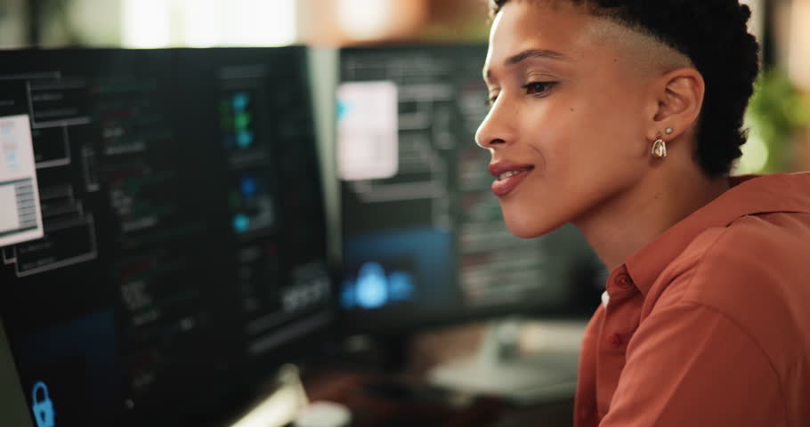 Programmer, reading and woman with computer screen in office for web development, solution or idea. Smile, code and software developer in workplace for problem solving, backend project or research