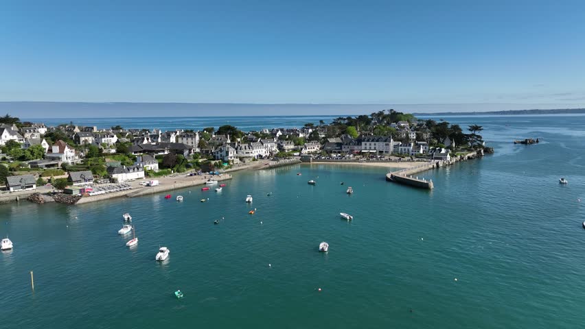 Aerial drone view of Locquirec harbour in Finistère, Brittany, France, during summer