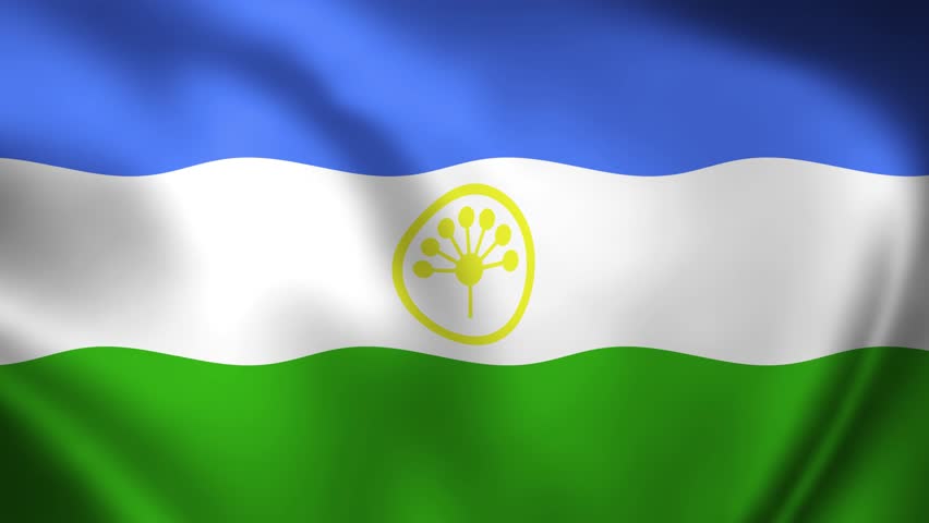 Republic of Bashkortostan tricolour flag with a central flower symbol. Smooth animation optimized for easy and clean background removal.