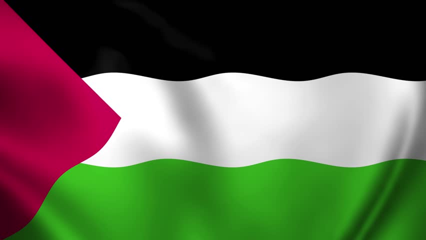 Palestine national flag with black white and green bands waving. Includes red triangle in high resolution 3D fabric motion loop.
