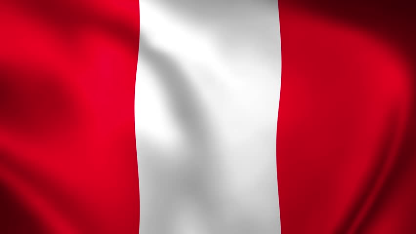Peru national tricolour flag with red and white bands waving. Professional 3D fabric animation for South American patriotic video backgrounds.