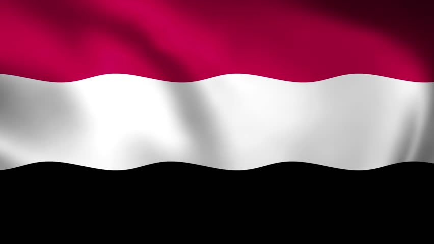 Yemen national flag with red white and black bands waving. Realistic 3D cloth motion for Middle Eastern cultural and patriotic themes.