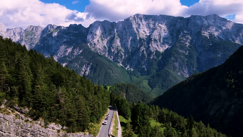 Aerial view of road near mountains, Slovenia.